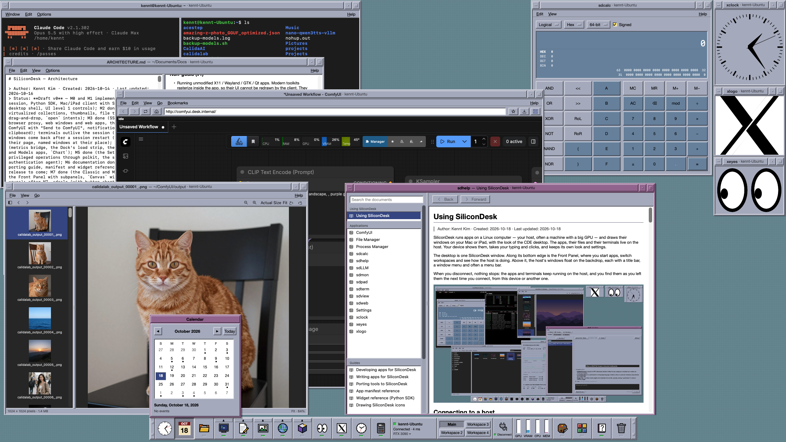 SiliconDesk on a Mac — a terminal running Claude Code on the server, a text editor, ComfyUI in a web window and the pictures it made, the help viewer, a calculator, clocks and the Front Panel, all on one desktop